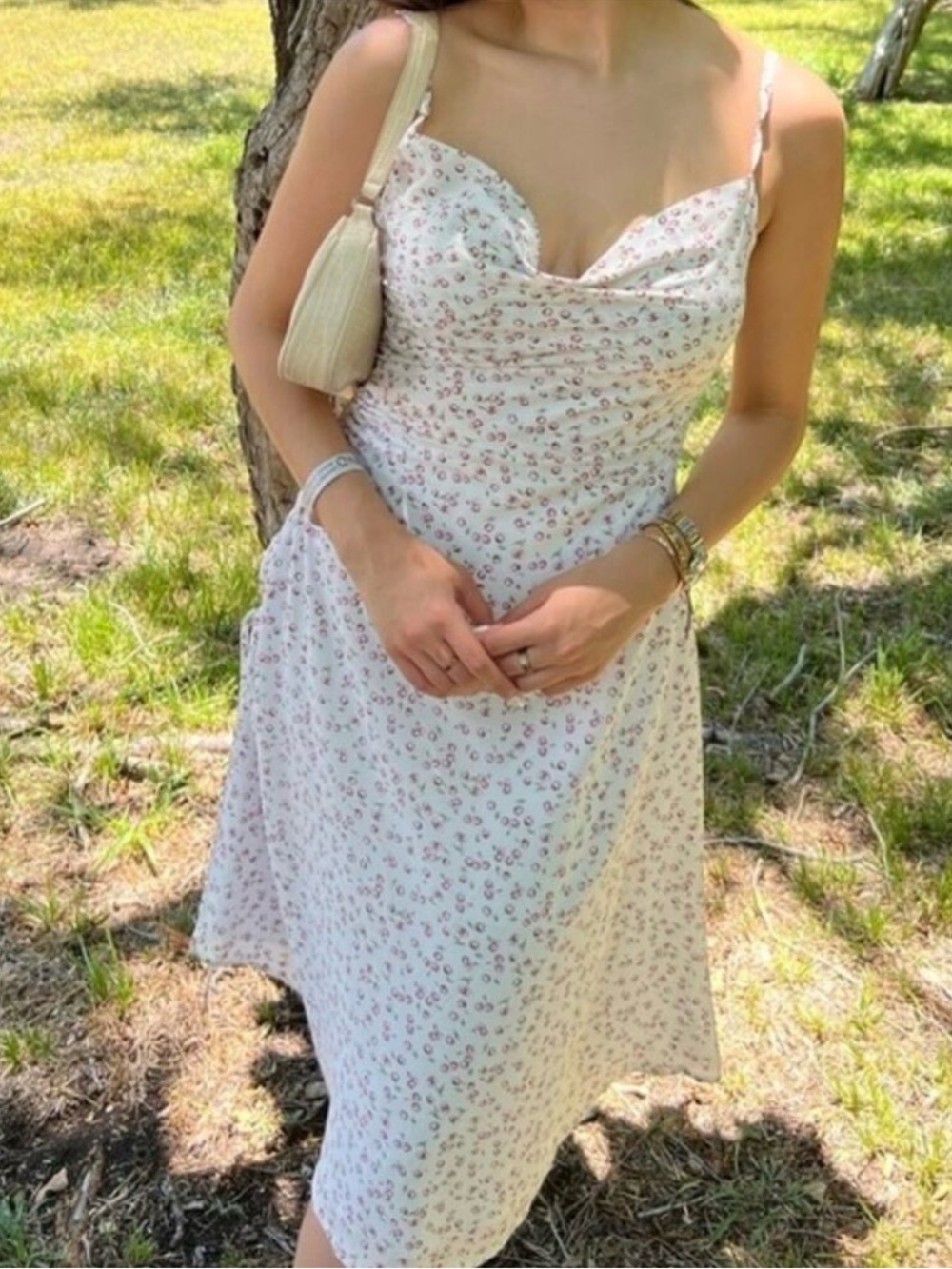 Miss Circle Cowl Neck Cherry Print Spaghetti Strap Midi Dress White Small NEW